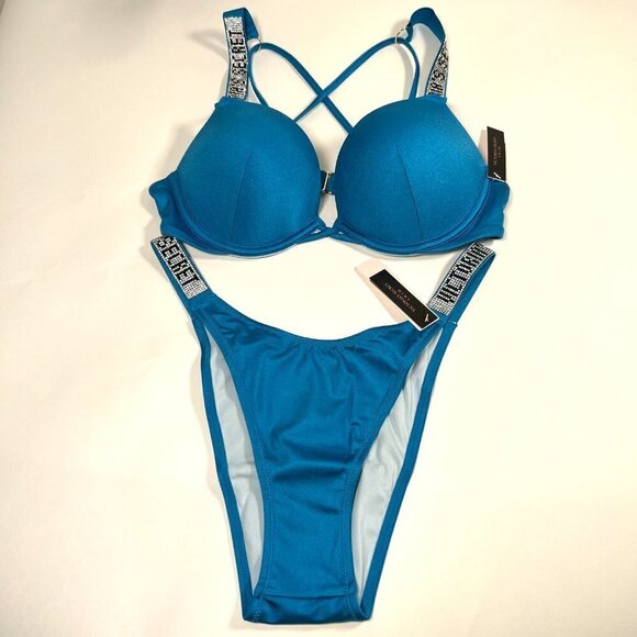 Victoria Secret 34B M Bombshell Push Up Top Bikini Set Shine Strap Teal Blue - Picture 1 of 16